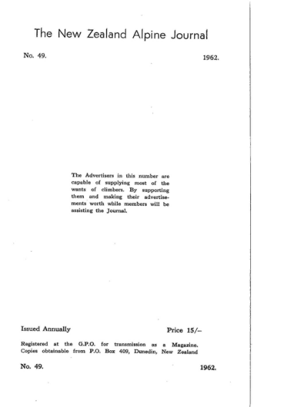 New Zealand Alpine Journal 1962 Vol 20 No 49 cover